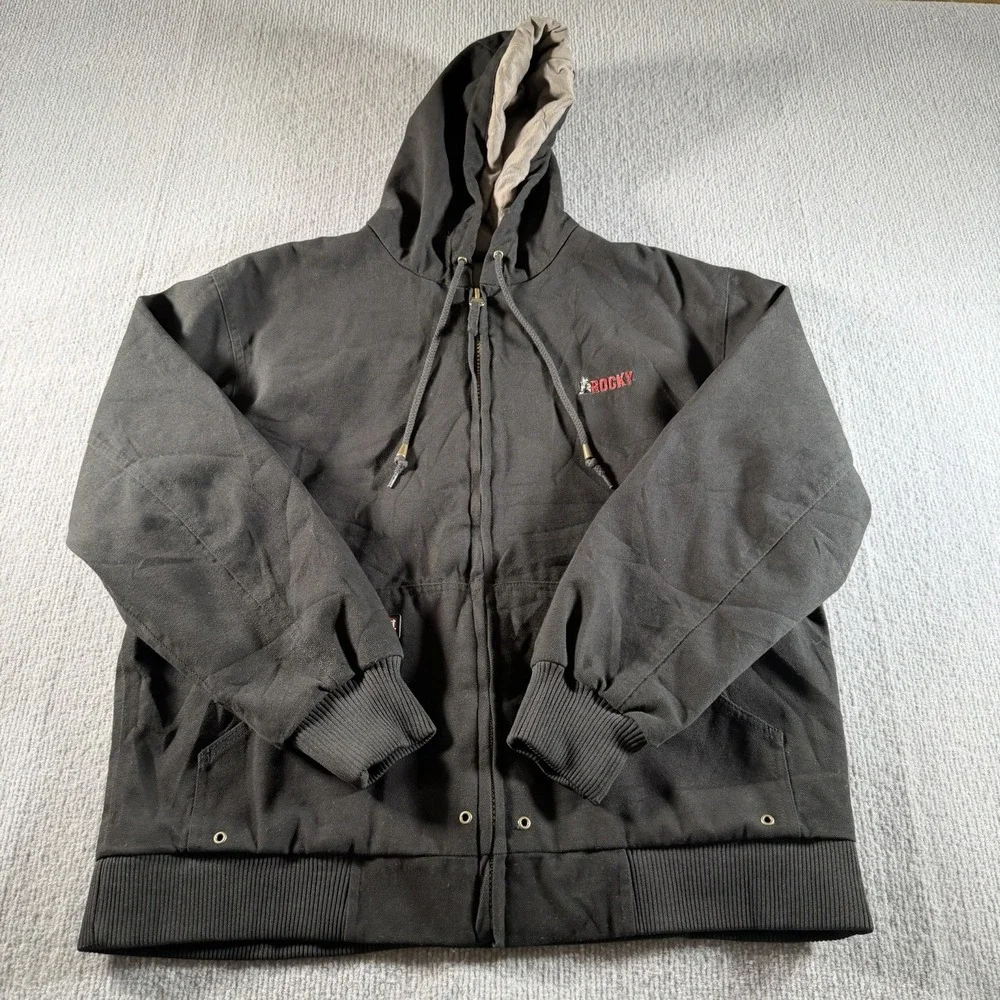 Rocky Workwear Jacket Mens Large Duck Canvas Lined Hooded Thinsulate Black - Picture 2 of 6